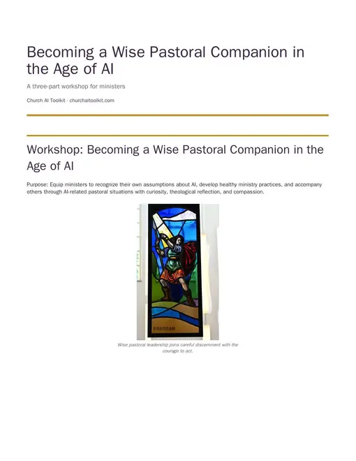 First-page preview of the Workshop: Becoming a Wise Pastoral Companion in the Age of AI PDF