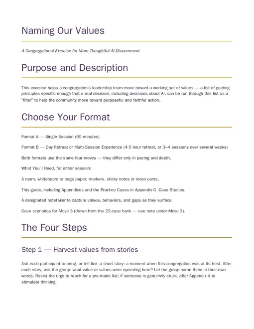 First-page preview of the Naming Our Values PDF