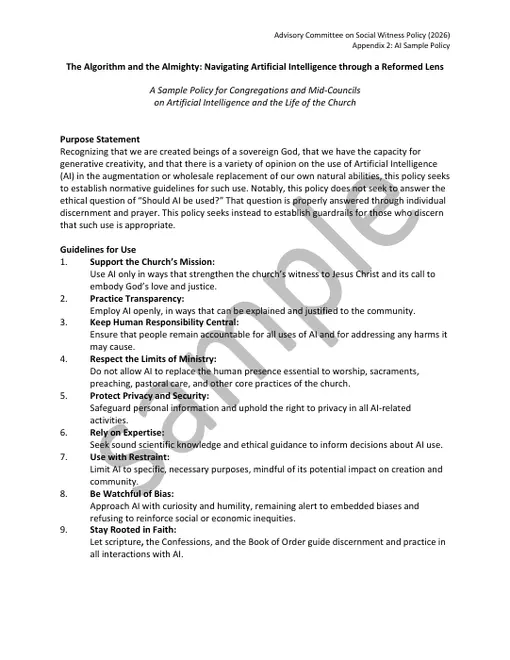 First-page preview of the Sample AI Policy (PCUSA) PDF