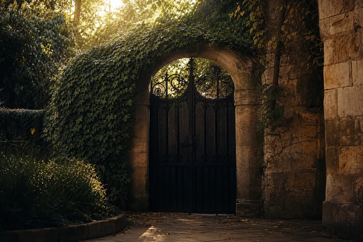 A closed wrought-iron gate protecting a private garden within an old stone wall
