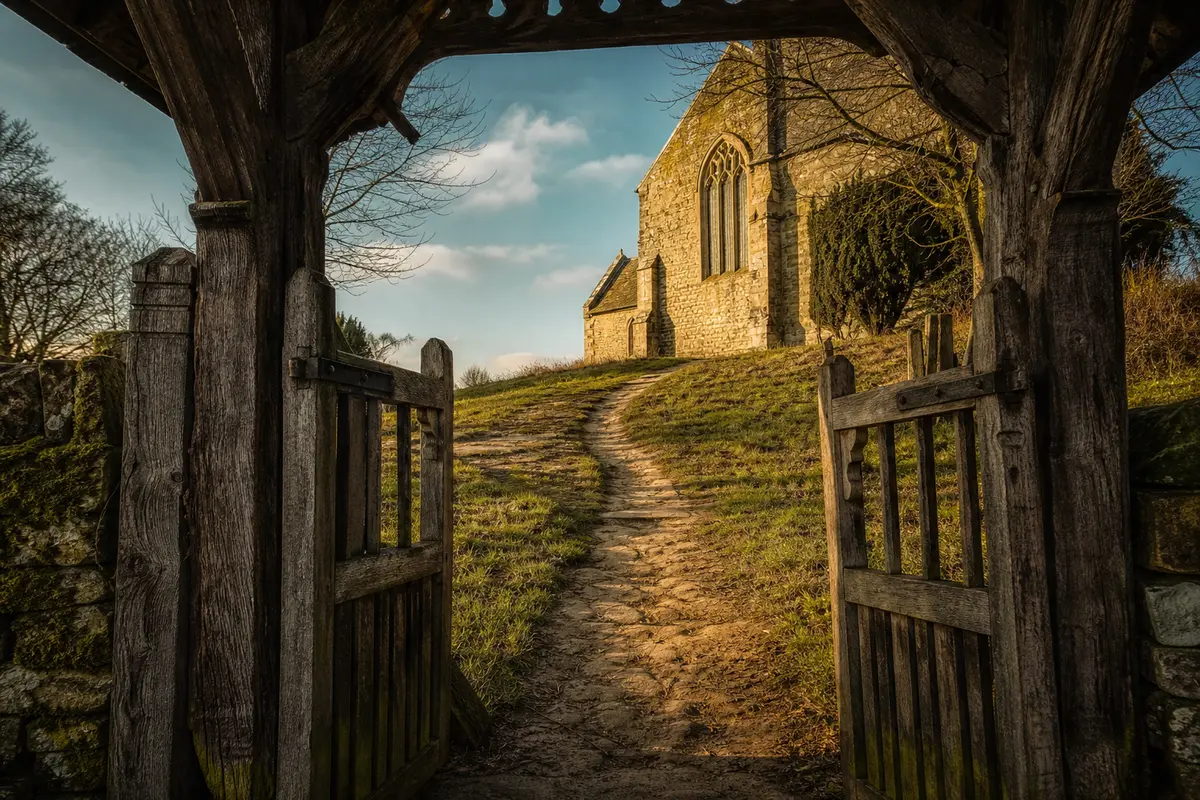A weathered wooden gate opening onto a well-worn uphill path toward a church