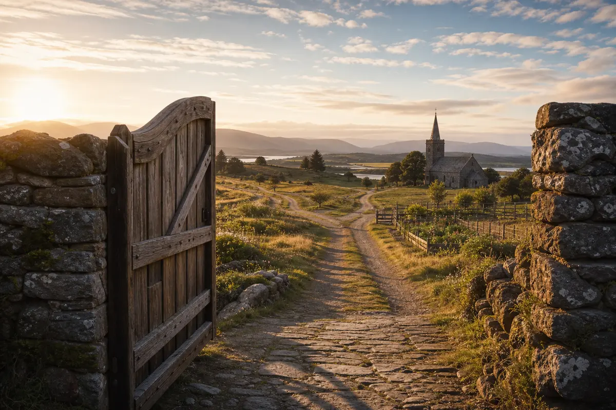 An open wooden gate overlooking paths toward a church and community garden at sunrise