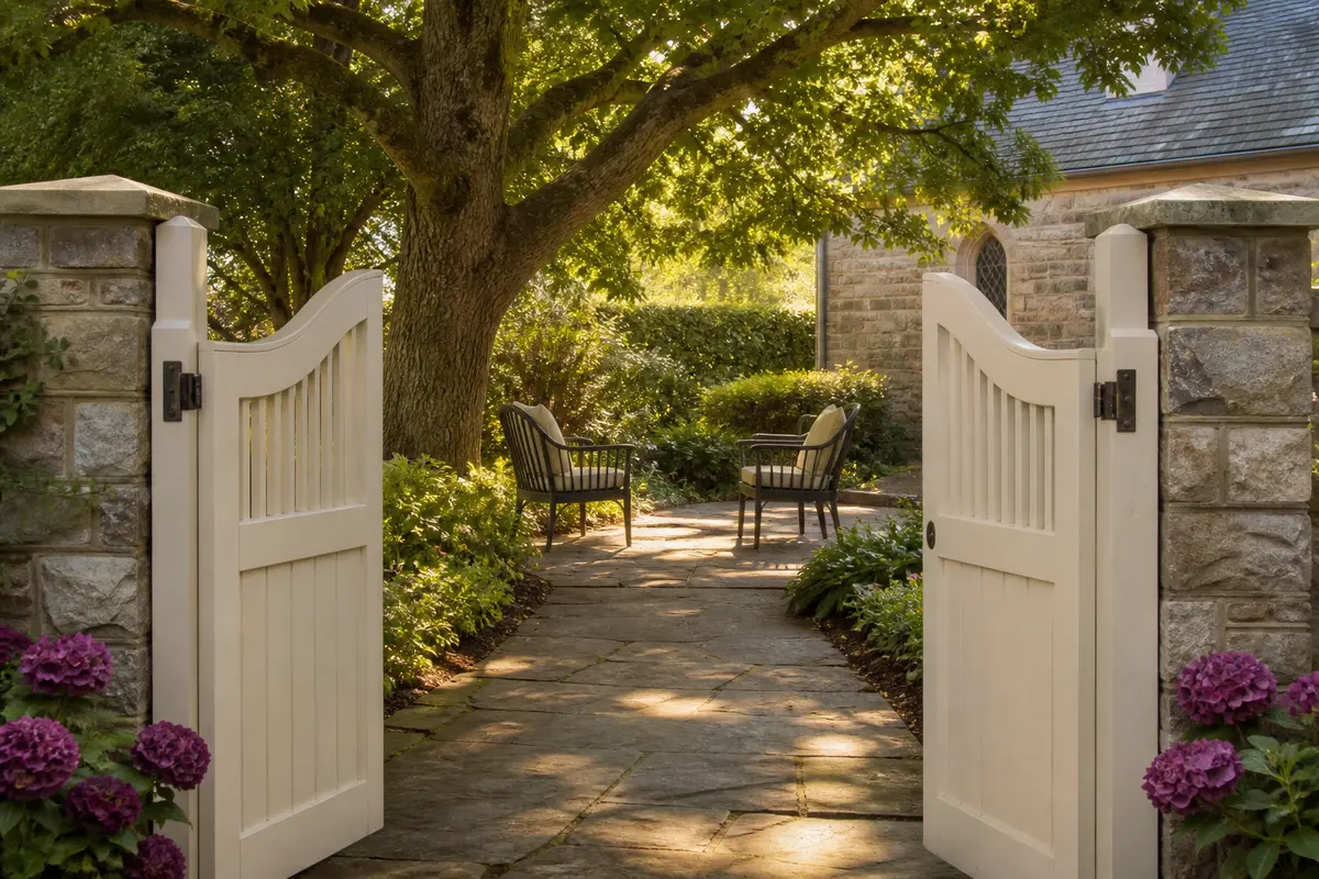 An open white garden gate leading to two chairs facing one another beneath a tree