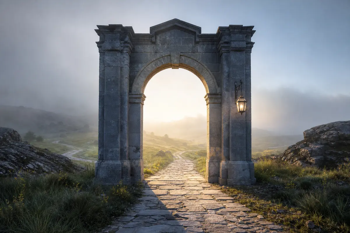 A stone archway opening from a misty landscape onto a clearly illuminated path