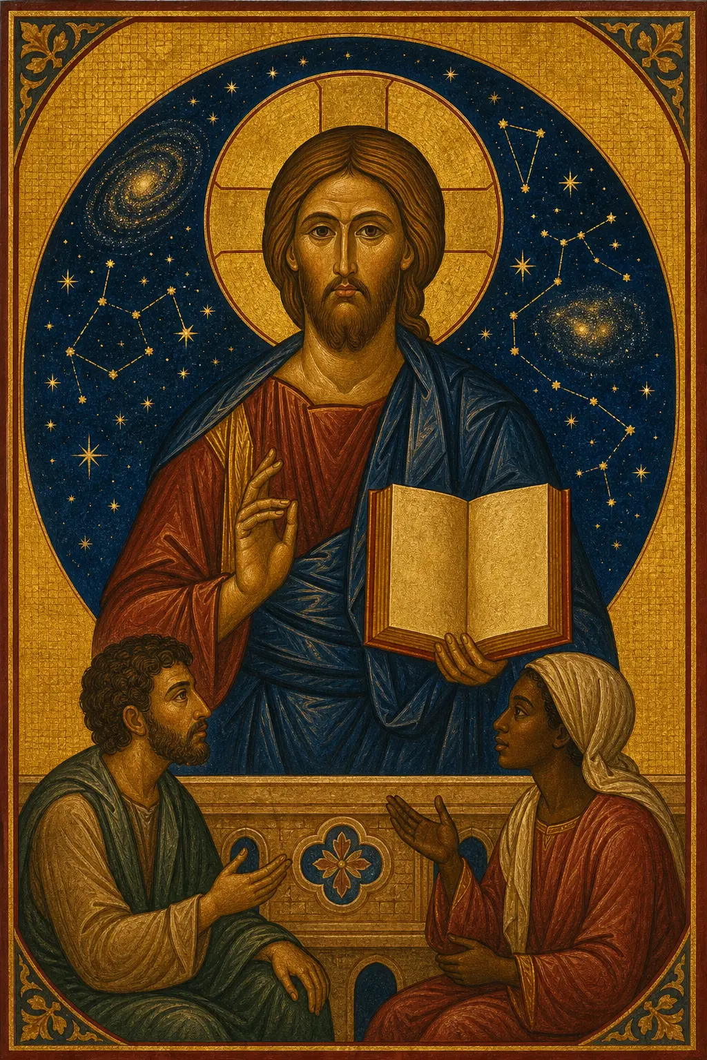 Byzantine-style icon of Christ the Divine Logos blessing before a star-filled sky, with two neighbors in attentive conversation below
